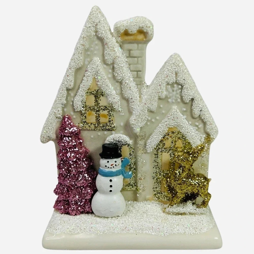 Bath & Body Works Candle Holder Holiday House with Snowman Reindeer & Pink Tree